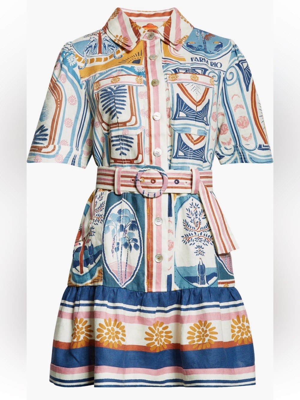 FARM Rio Cerrado Stamps Print Linen Shirtdress NWT Size XL - Picture 5 of 11